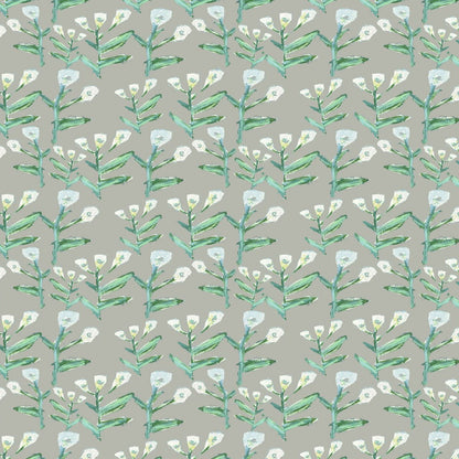 Sydney Wallpaper Moss by Erin Donahue Tice; watercolor green stems and white blossoms on taupe on Tampa Home & Garden Store