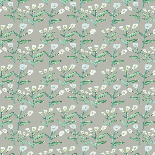 Sydney Wallpaper Moss by Erin Donahue Tice; watercolor green stems and white blossoms on taupe on Tampa Home & Garden Store
