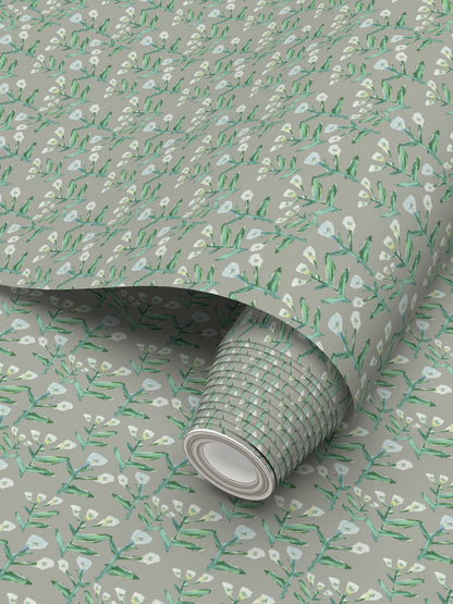 Sydney Wallpaper Moss Erin Donahue Tice; repeat pattern with green branches, white buds on grey on Tampa Home & Garden Store