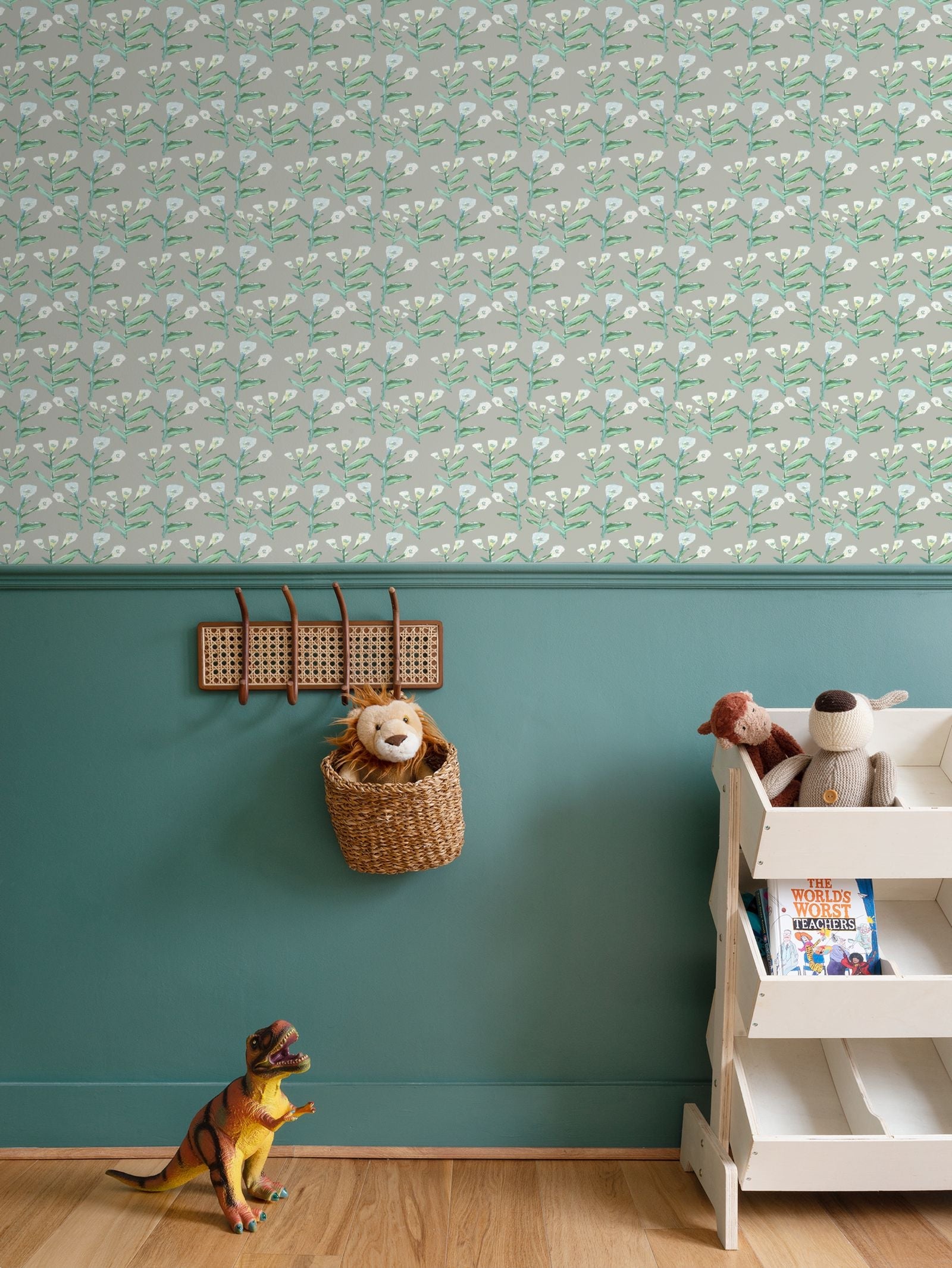 Sydney Wallpaper Moss repeat pattern by Erin Donahue Tice with green stems and white blooms on taupe on Tampa Home & Garden Store