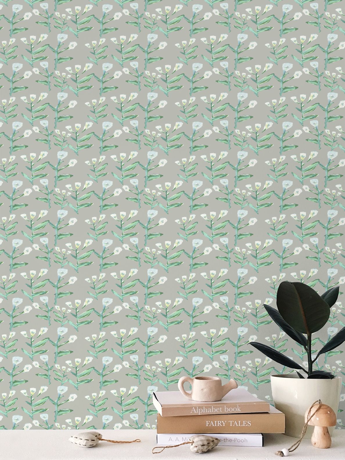 Sydney Wallpaper Moss repeat pattern wallpaper in moss greens on gray background by Erin Donahue Tice on Tampa Home & Garden Store