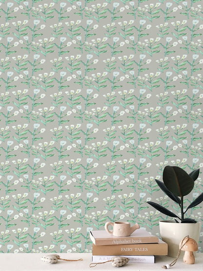 Sydney Wallpaper Moss repeat pattern wallpaper in moss greens on gray background by Erin Donahue Tice on Tampa Home & Garden Store