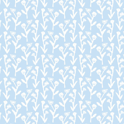 Ivy Manor Wallpaper Bluebird by Erin Donahue Tice with pale blue background and white stems on Tampa Home & Garden Store