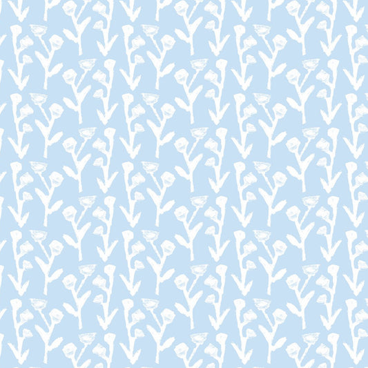 Ivy Manor Wallpaper Bluebird by Erin Donahue Tice with pale blue background and white stems on Tampa Home & Garden Store