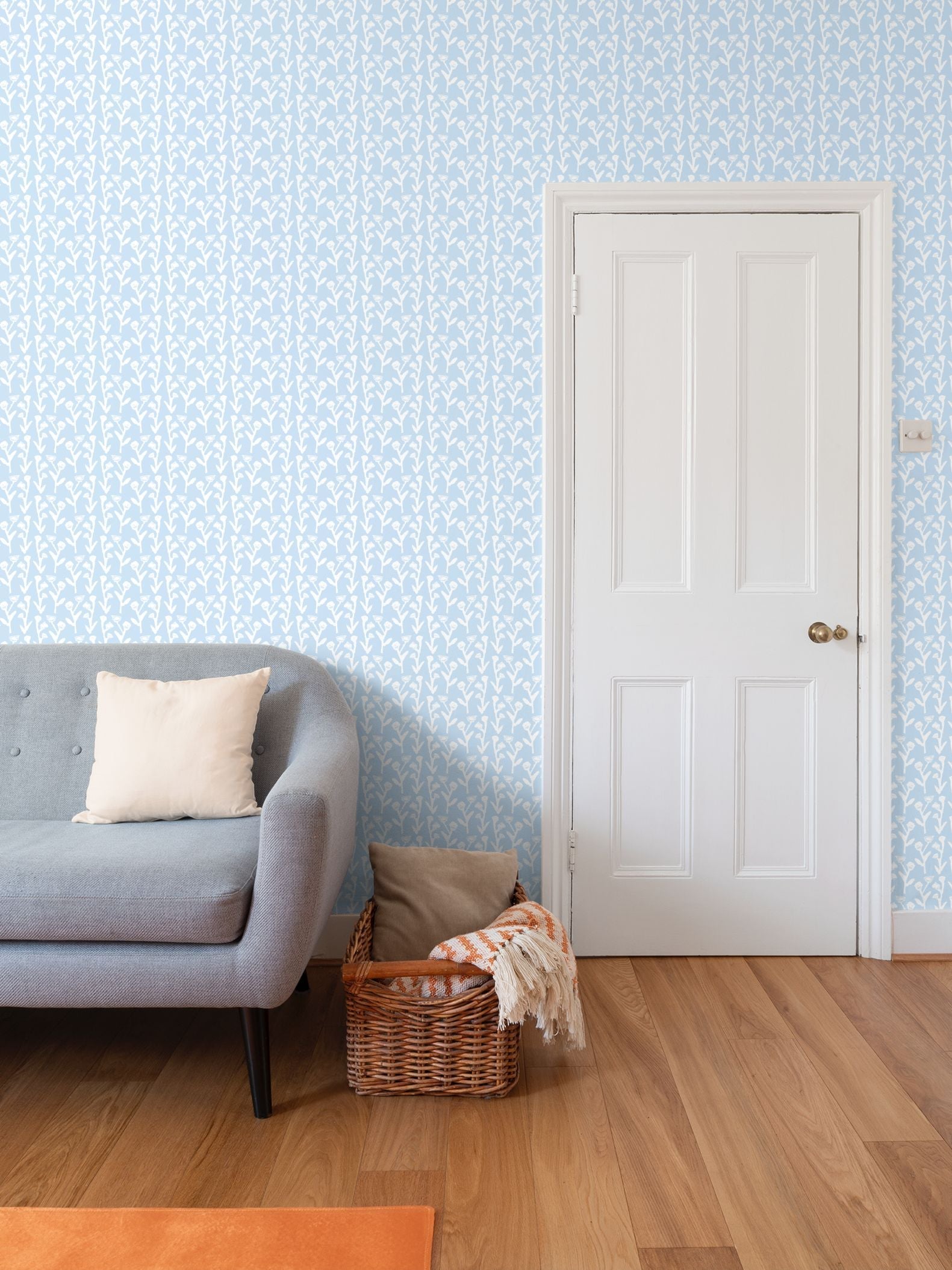 Ivy Manor Wallpaper Bluebird by Erin Donahue Tice with light blue vines on white wall on Tampa Home & Garden Store