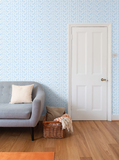 Ivy Manor Wallpaper Bluebird by Erin Donahue Tice with light blue vines on white wall on Tampa Home & Garden Store