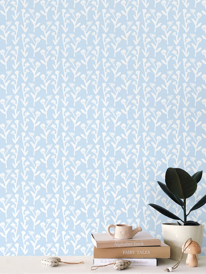 Ivy Manor Wallpaper Bluebird repeat pattern by Erin Donahue Tice in pale blue and white on Tampa Home & Garden Store