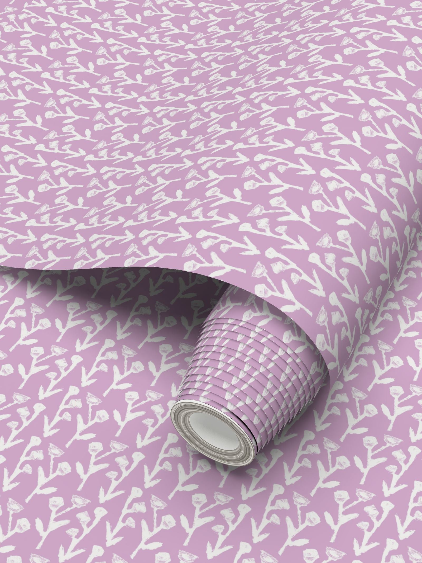 Ivy Manor Lilac wallpaper; repeat-pattern with white brushstroke motif; rolled sheet on Tampa Home & Garden Store