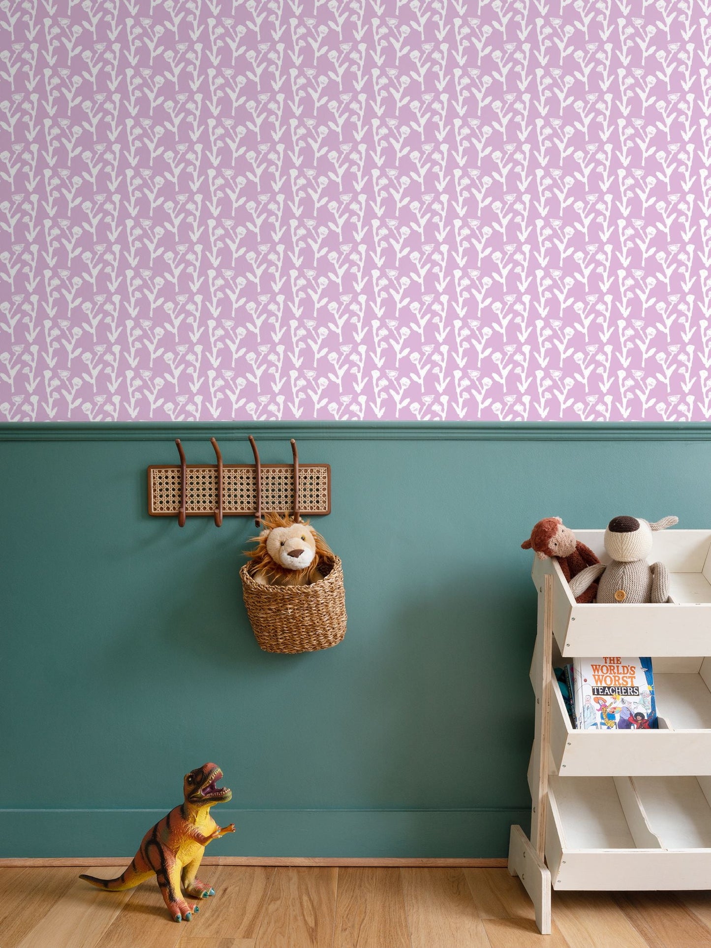 Ivy Manor Wallpaper Lilac, repeat pattern wallpaper with white botanical vines on a nursery wall on Tampa Home & Garden Store