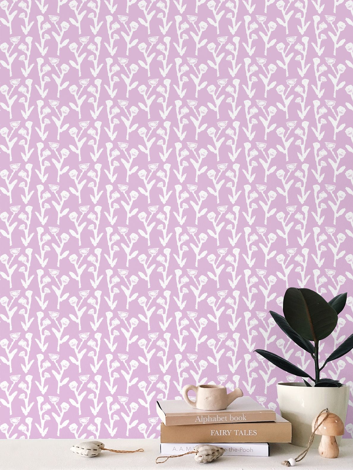 Ivy Manor Wallpaper Lilac with white botanical motif by Erin Donahue Tice on Tampa Home & Garden Store
