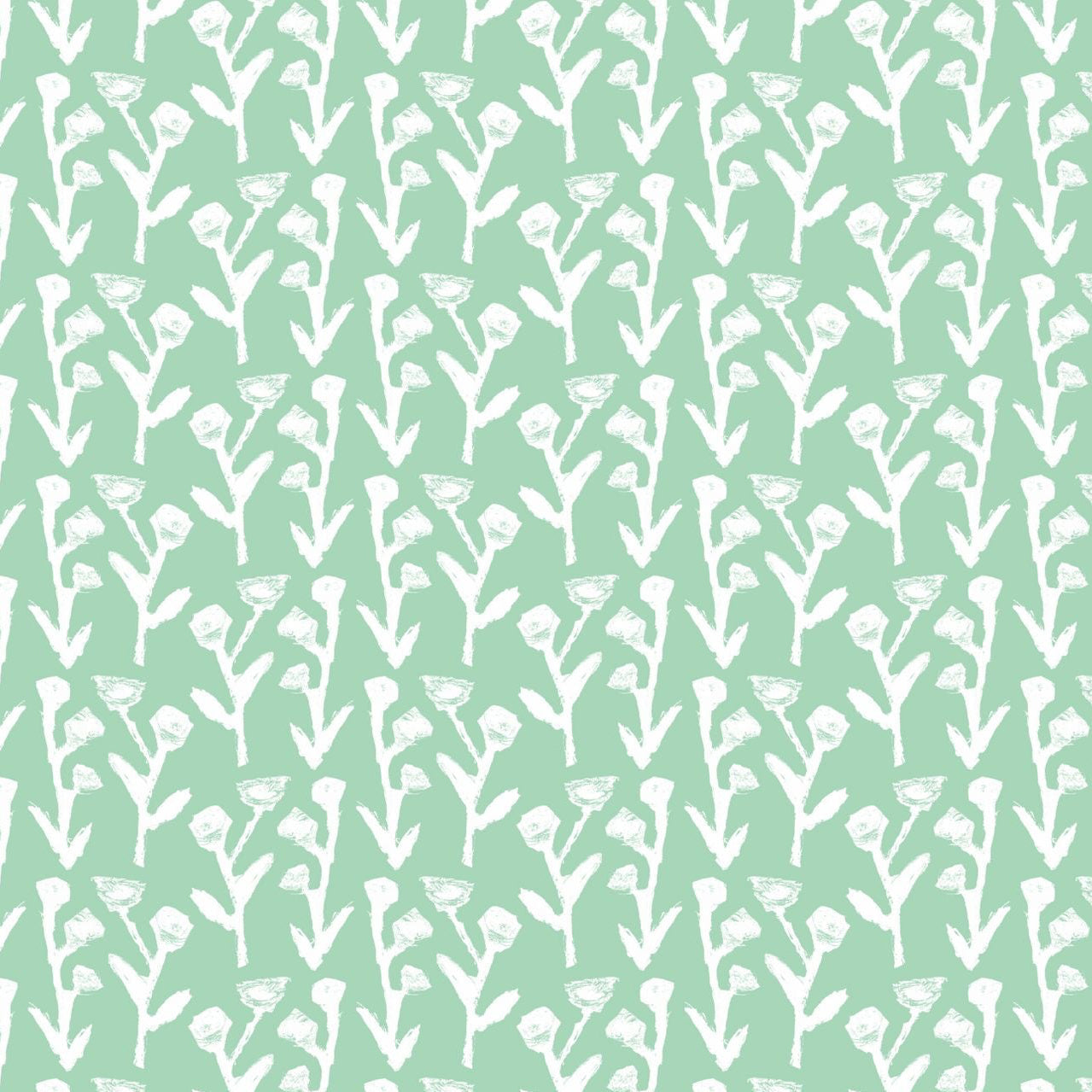 Ivy Manor Wallpaper (Mint) repeat pattern by Erin Donahue Tice; white stems on mint background on Tampa Home & Garden Store
