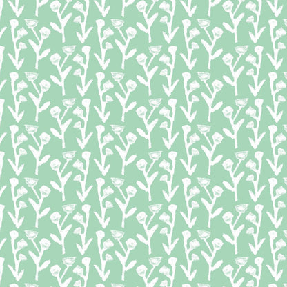 Ivy Manor Wallpaper (Mint) repeat pattern by Erin Donahue Tice; white stems on mint background on Tampa Home & Garden Store