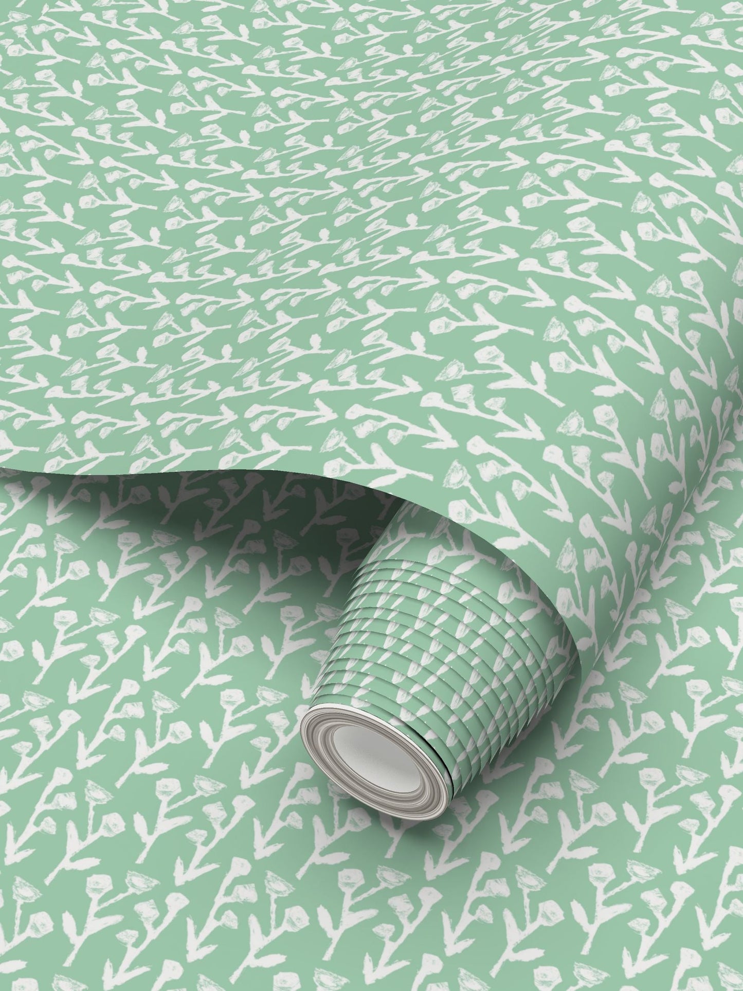 Ivy Manor Wallpaper Mint by Erin Donahue Tice, mint backdrop with brushstroke ivy repeat pattern on Tampa Home & Garden Store