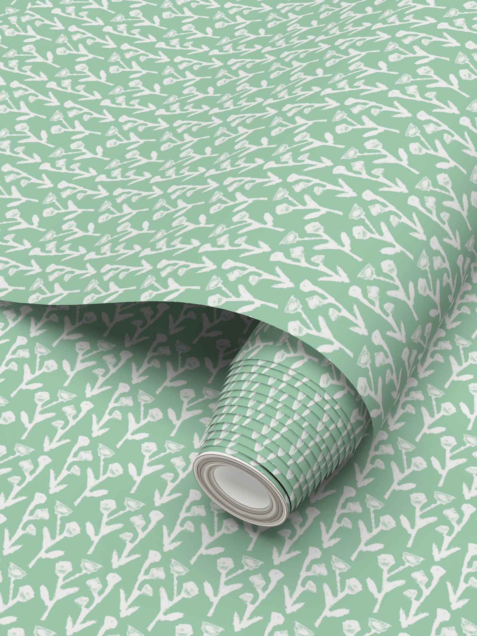Ivy Manor Wallpaper Mint by Erin Donahue Tice, mint backdrop with brushstroke ivy repeat pattern on Tampa Home & Garden Store