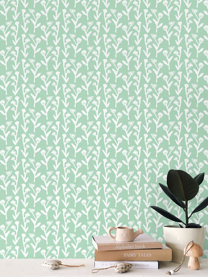 Ivy Manor Mint wallpaper by Erin Donahue Tice; white botanical motif on mint repeat on Tampa Home & Garden Store