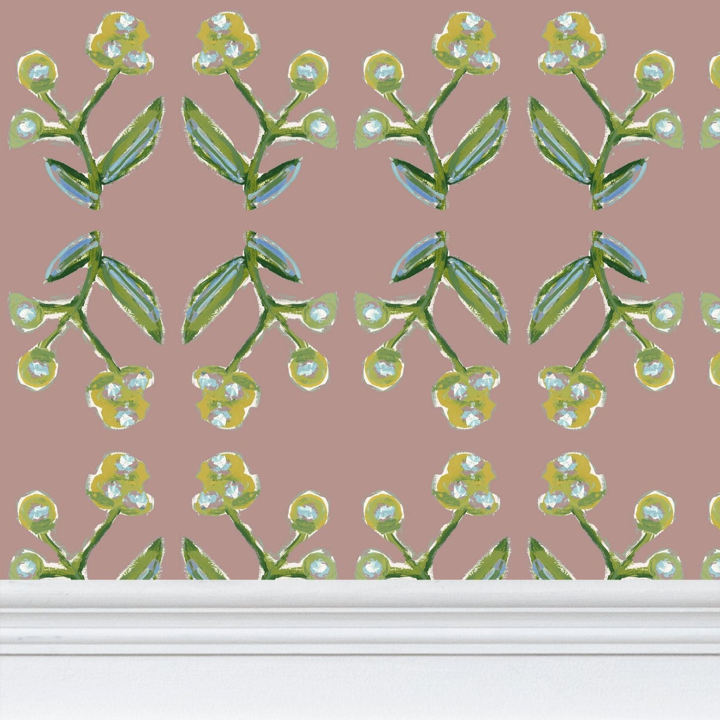 Antonia Wallpaper Mauve repeat-pattern with green stems and yellow blossoms on Tampa Home & Garden Store