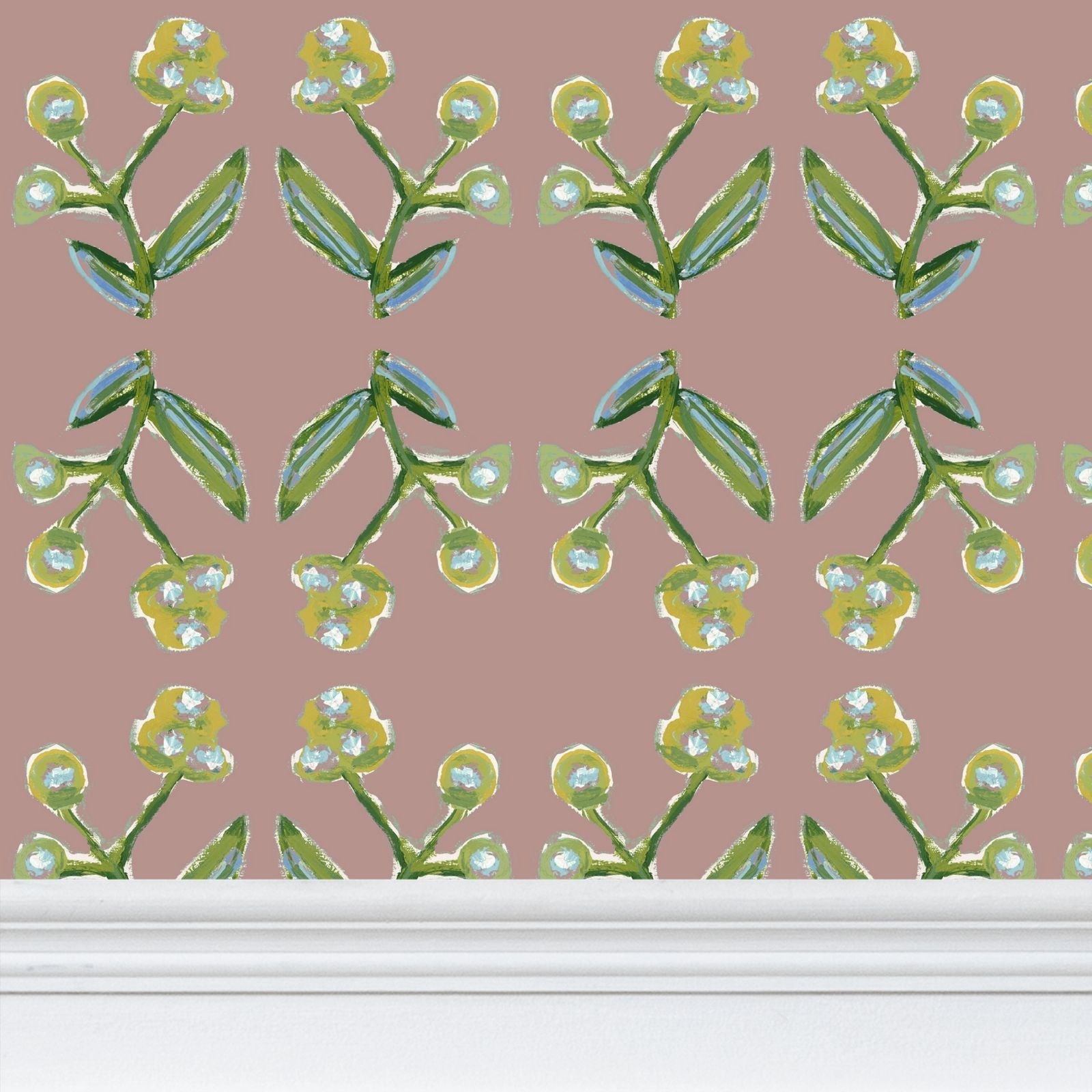 Antonia Wallpaper Mauve repeat-pattern with green stems and yellow blossoms on Tampa Home & Garden Store
