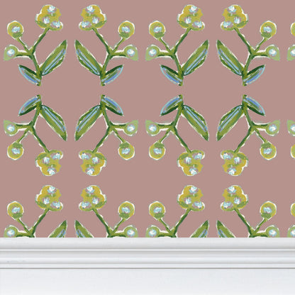 Antonia Wallpaper Mauve repeat-pattern with green stems and yellow blossoms on Tampa Home & Garden Store