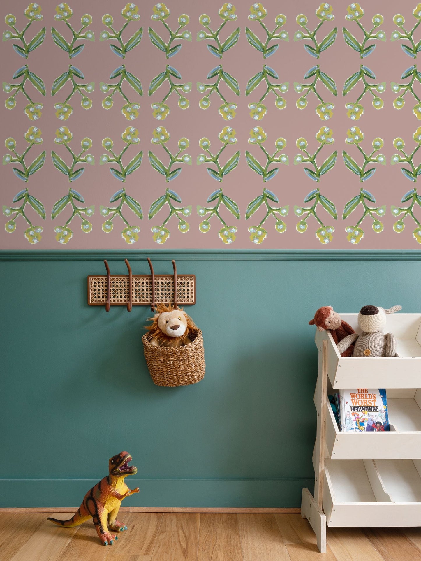 Antonia Wallpaper Mauve repeat pattern by Erin Donahue Tice with green stems and yellow blooms on Tampa Home & Garden Store