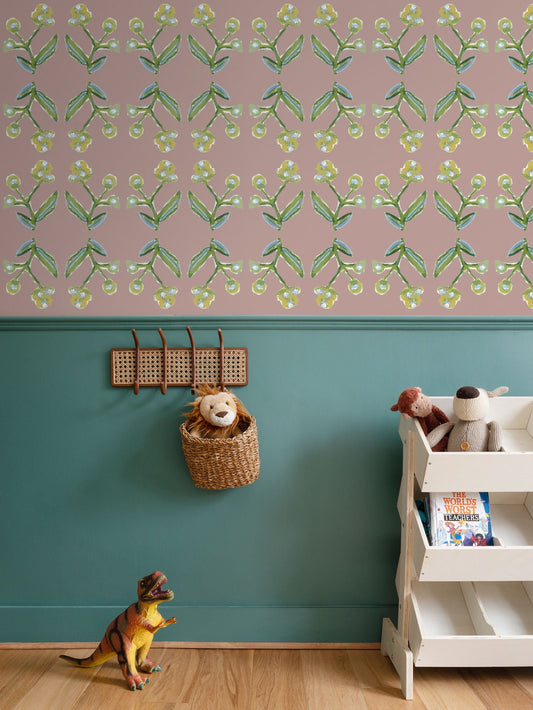 Antonia Wallpaper Mauve repeat pattern by Erin Donahue Tice with green stems and yellow blooms on Tampa Home & Garden Store