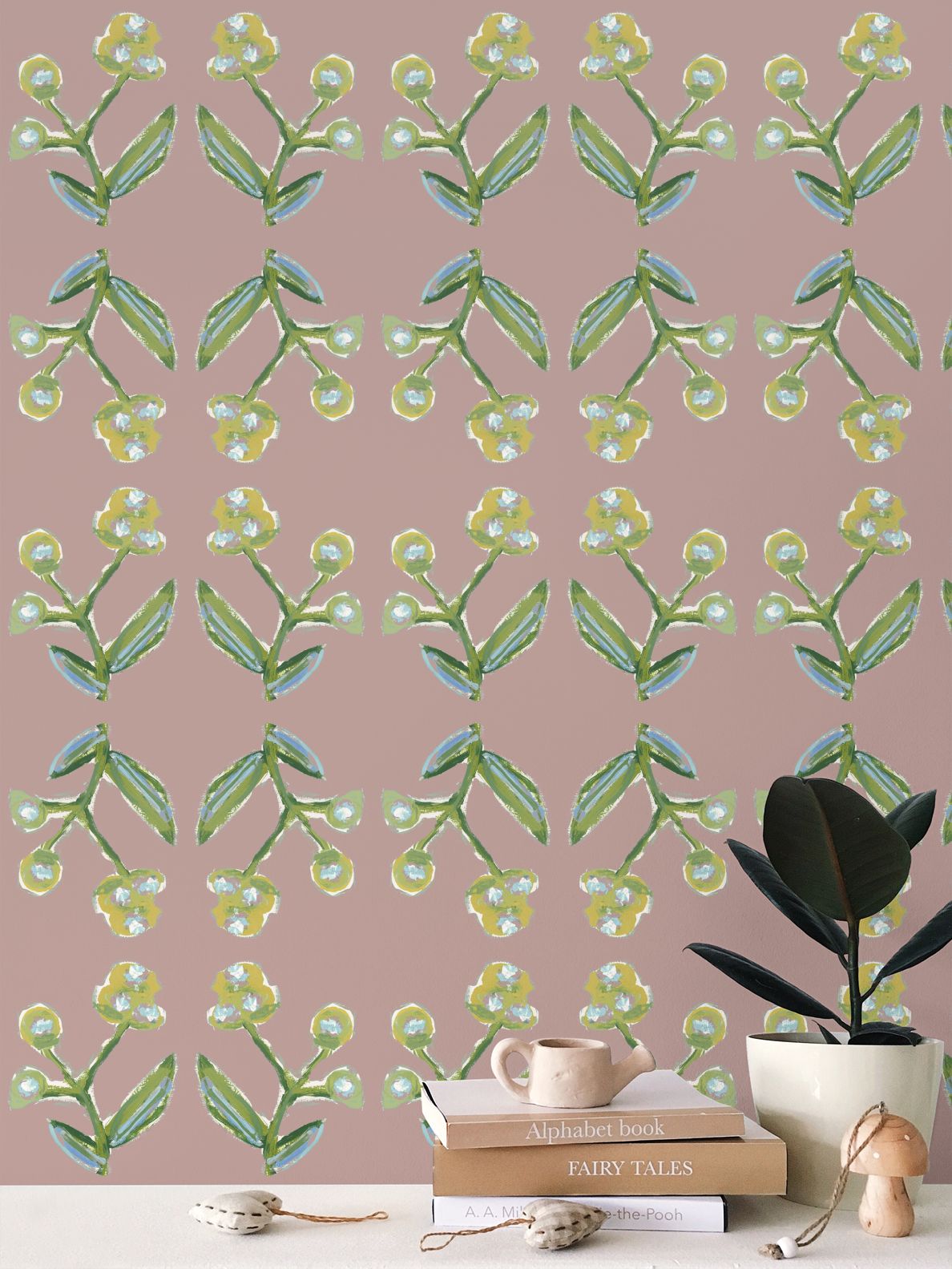 Antonia Wallpaper Mauve repeat-pattern botanical print with green stems and buds on Tampa Home & Garden Store