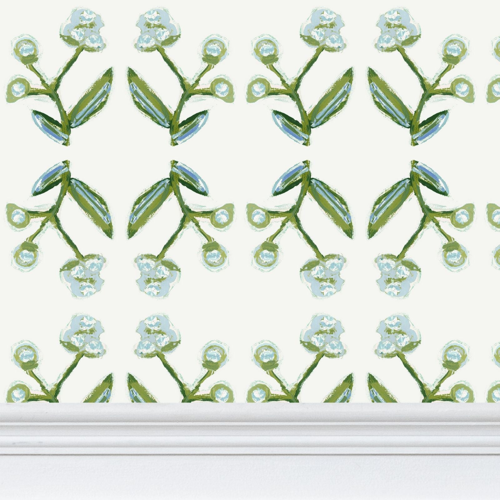 Antonia Wallpaper blue and green repeat pattern by Erin Donahue Tice on Tampa Home & Garden Store