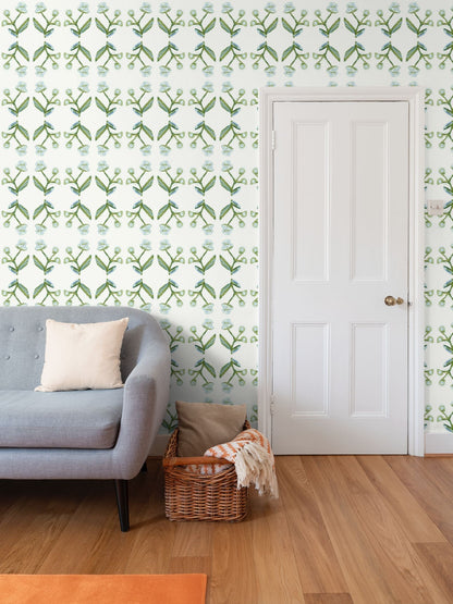 Antonia Wallpaper (Blue & Green) repeat pattern with green-blue botanical motifs in a room on Tampa Home & Garden Store