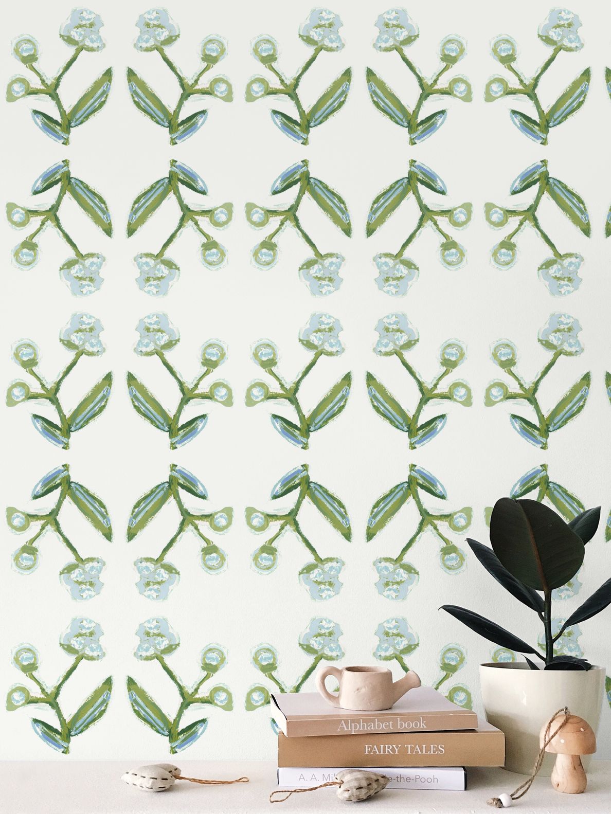 Antonia Wallpaper Blue & Green repeat botanical print Erin Donahue Tice on Tampa Home & Garden Store