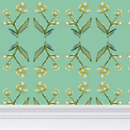 Antonia Wallpaper Green & Citron repeat pattern with botanical stems by Erin Donahue Tice on Tampa Home & Garden Store