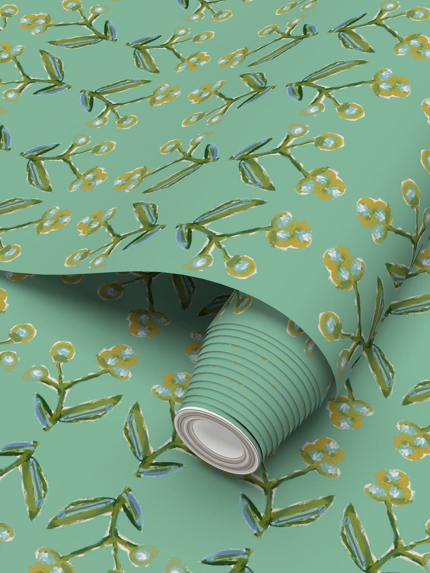 Antonia Wallpaper Green & Citron, repeat-pattern botanical design by Erin Donahue Tice on Tampa Home & Garden Store