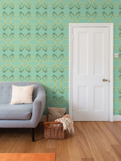 Antonia Wallpaper by Erin Donahue Tice, repeat pattern in green & citron with leafy floral vines on Tampa Home & Garden Store