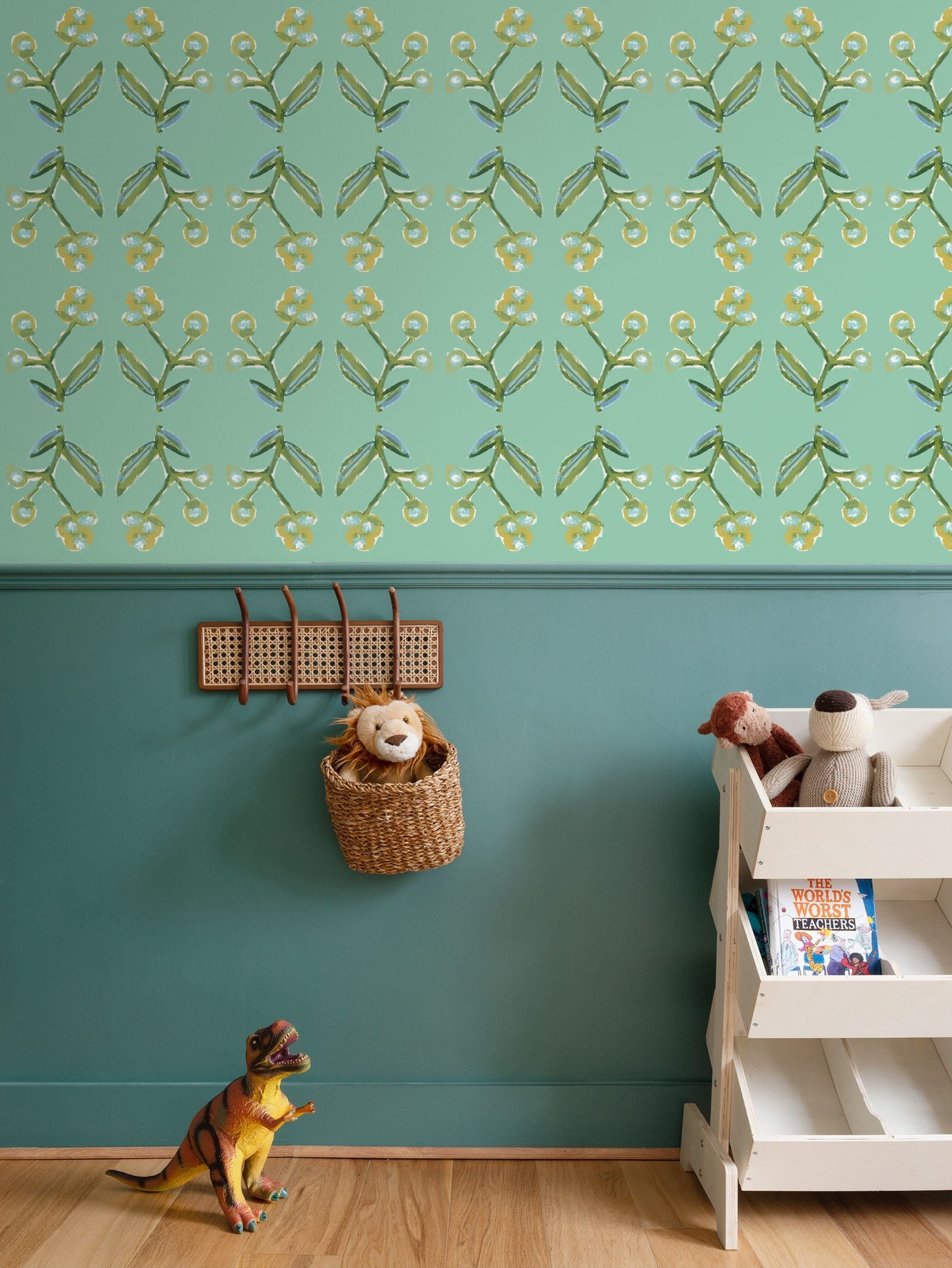 Antonia wallpaper by Erin Donahue Tice, green & citron repeat vine motif on wall on Tampa Home & Garden Store