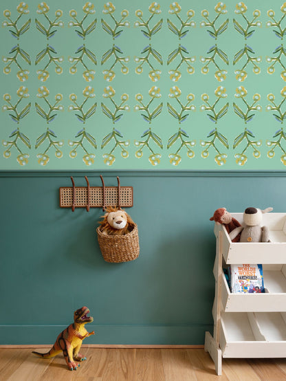 Antonia wallpaper by Erin Donahue Tice, green & citron repeat vine motif on wall on Tampa Home & Garden Store