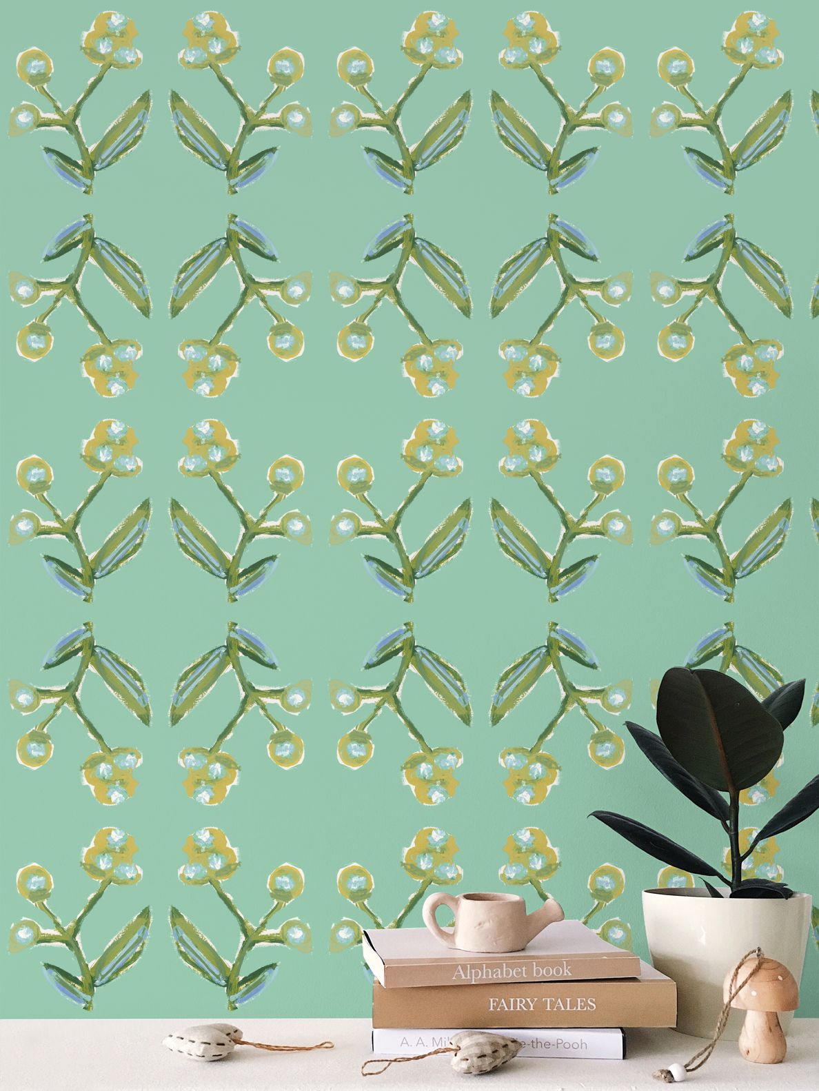 Antonia Wallpaper by Erin Donahue Tice, green and citron repeat-pattern wallpaper on Tampa Home & Garden Store
