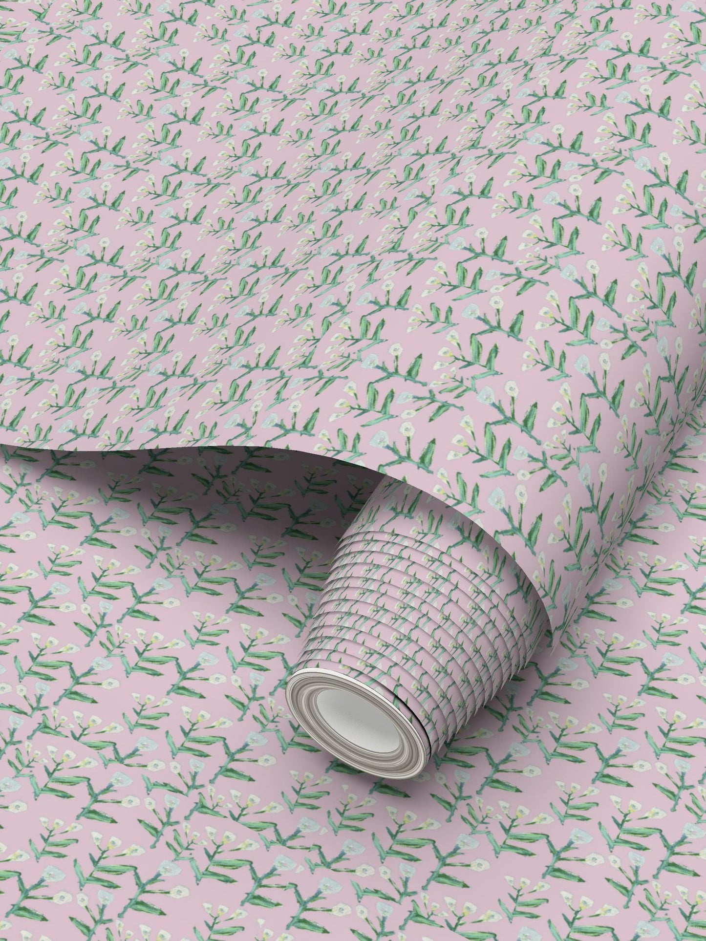 Sydney Wallpaper Tulip Pink by Erin Donahue Tice with green stems and white flowers on pink on Tampa Home & Garden Store