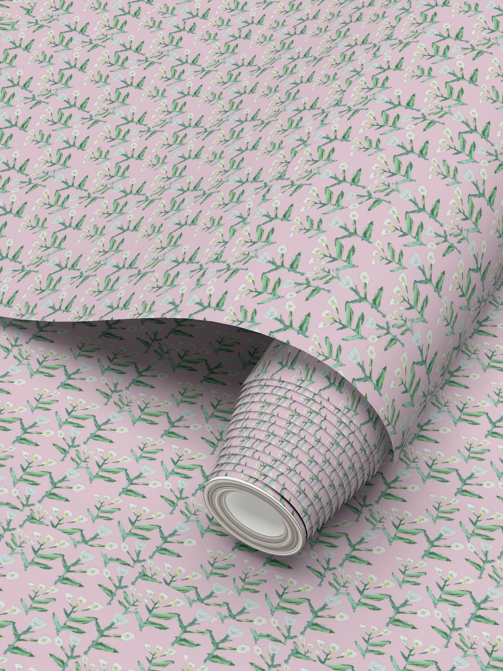 Sydney Wallpaper Tulip Pink by Erin Donahue Tice with green stems and white flowers on pink on Tampa Home & Garden Store