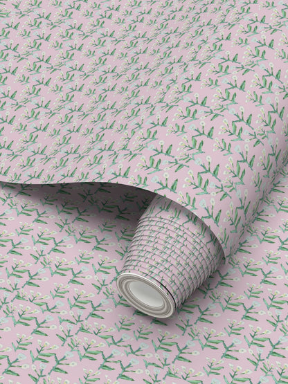 Sydney Wallpaper Tulip Pink by Erin Donahue Tice with green stems and white flowers on pink on Tampa Home & Garden Store