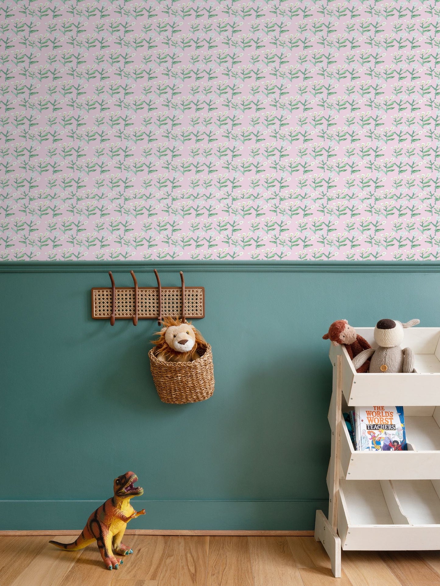 Sydney Wallpaper Tulip Pink repeat pattern wallpaper backdrop with green stems Erin Donahue Tice on Tampa Home & Garden Store