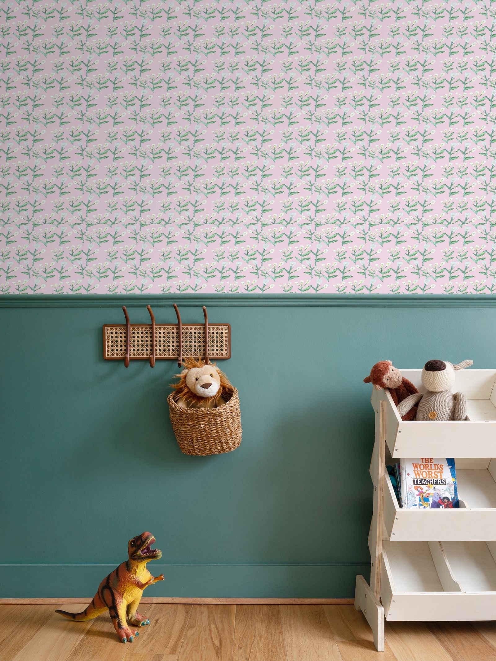 Sydney Wallpaper Tulip Pink repeat pattern wallpaper backdrop with green stems Erin Donahue Tice on Tampa Home & Garden Store