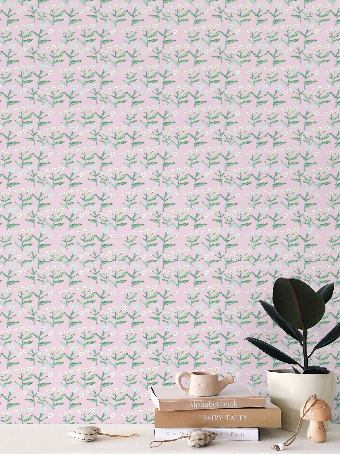 Sydney Wallpaper Tulip Pink repeat pattern with green stems and white blossoms on pink backdrop on Tampa Home & Garden Store