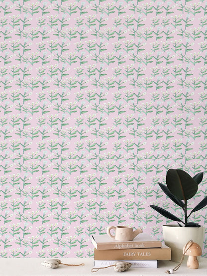 Sydney Wallpaper Tulip Pink repeat pattern with green stems and white blossoms on pink backdrop on Tampa Home & Garden Store