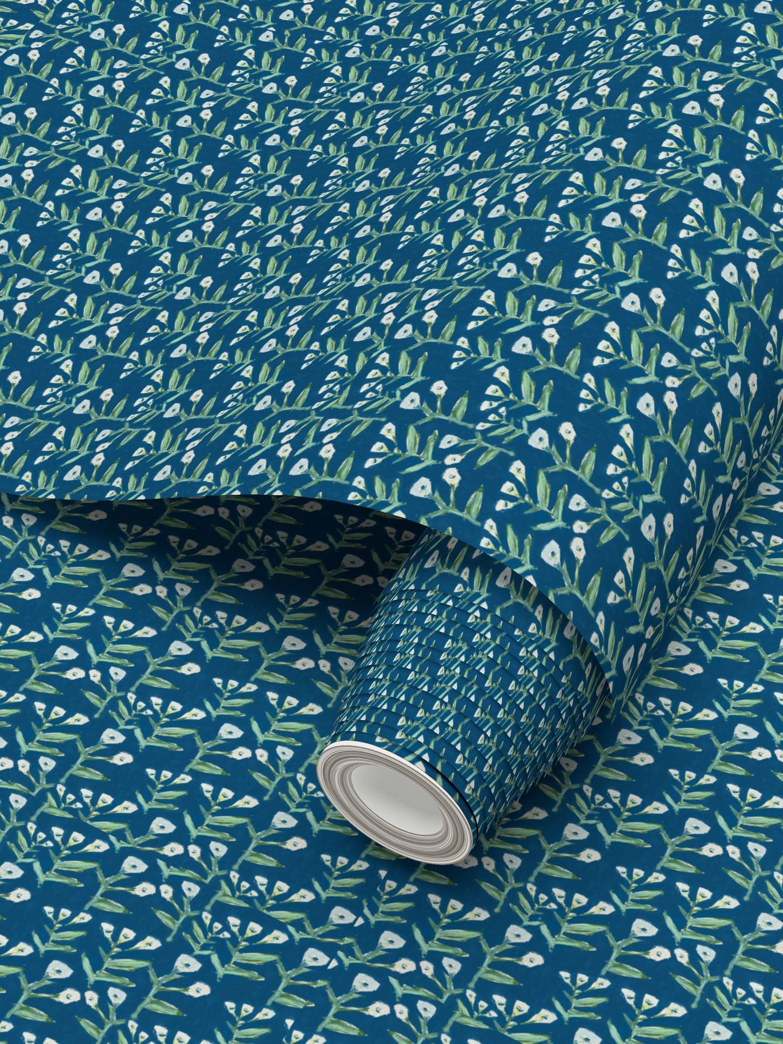 Sydney Wallpaper Marine repeat pattern in teal with green leaves and white flowers on Tampa Home & Garden Store