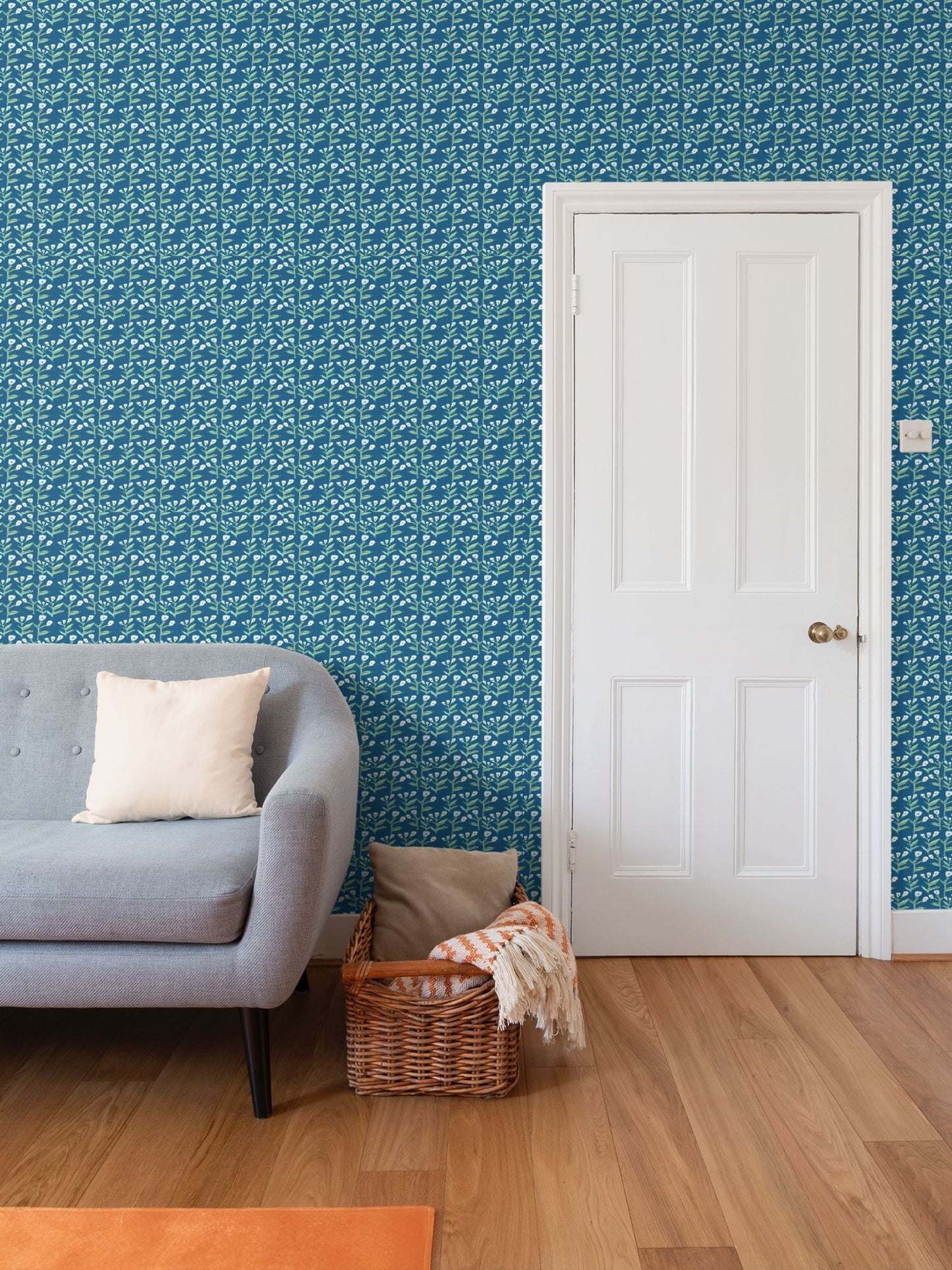 Sydney Wallpaper Marine by Erin Donahue Tice; teal repeat pattern with leaf stems on teal wall on Tampa Home & Garden Store