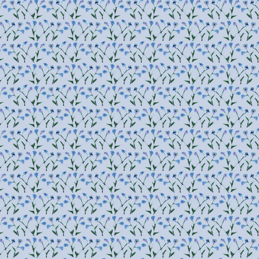 Genevieve wallpaper pattern, periwinkle florals on pale blue background, Erin Donahue Tice on Tampa Home & Garden Store