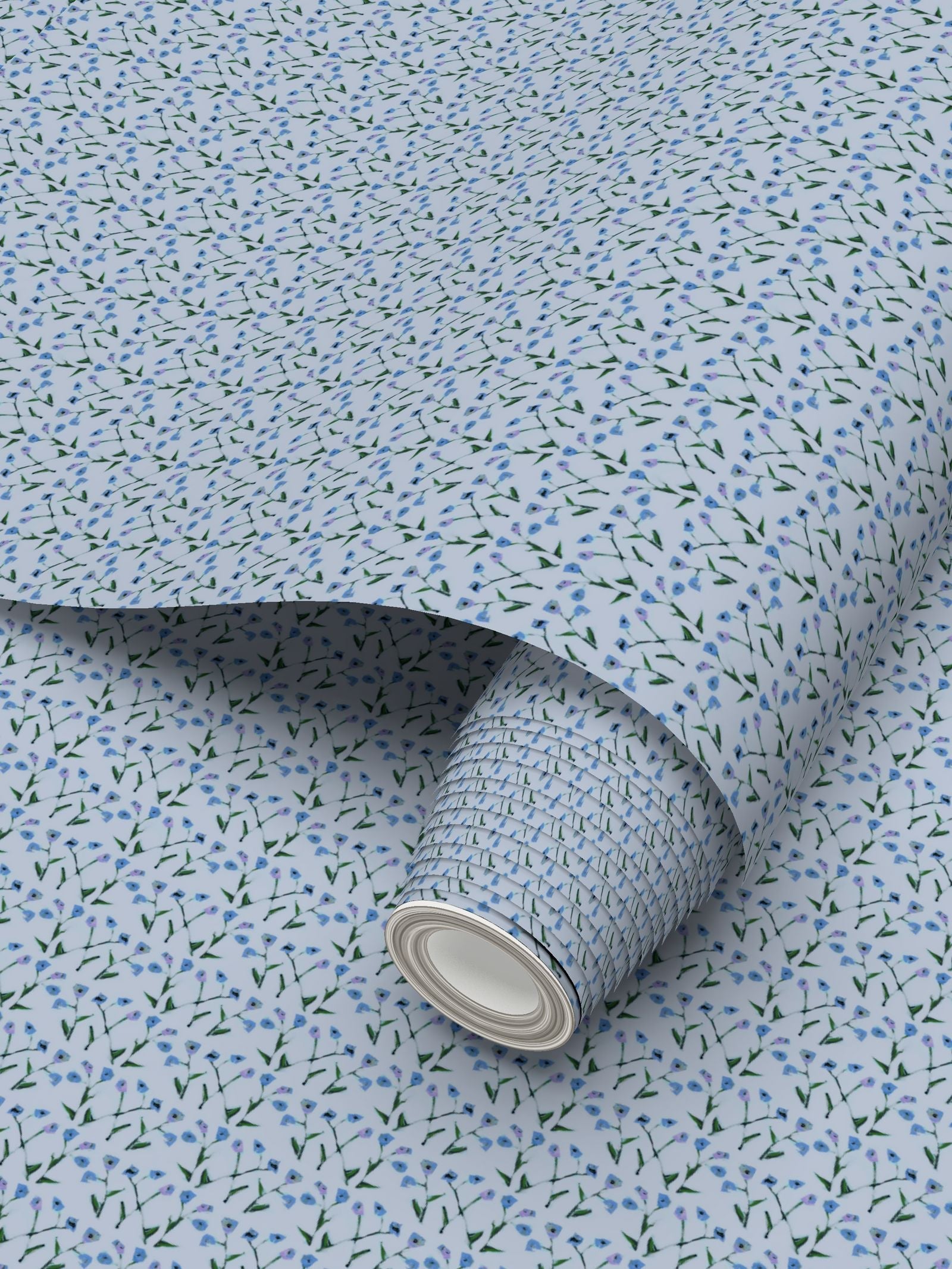 Genevieve Wallpaper (Periwinkle Multi), blue floral repeat with green stems on white, on Tampa Home & Garden Store