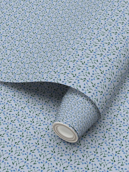 Genevieve Wallpaper (Periwinkle Multi), blue floral repeat with green stems on white, on Tampa Home & Garden Store