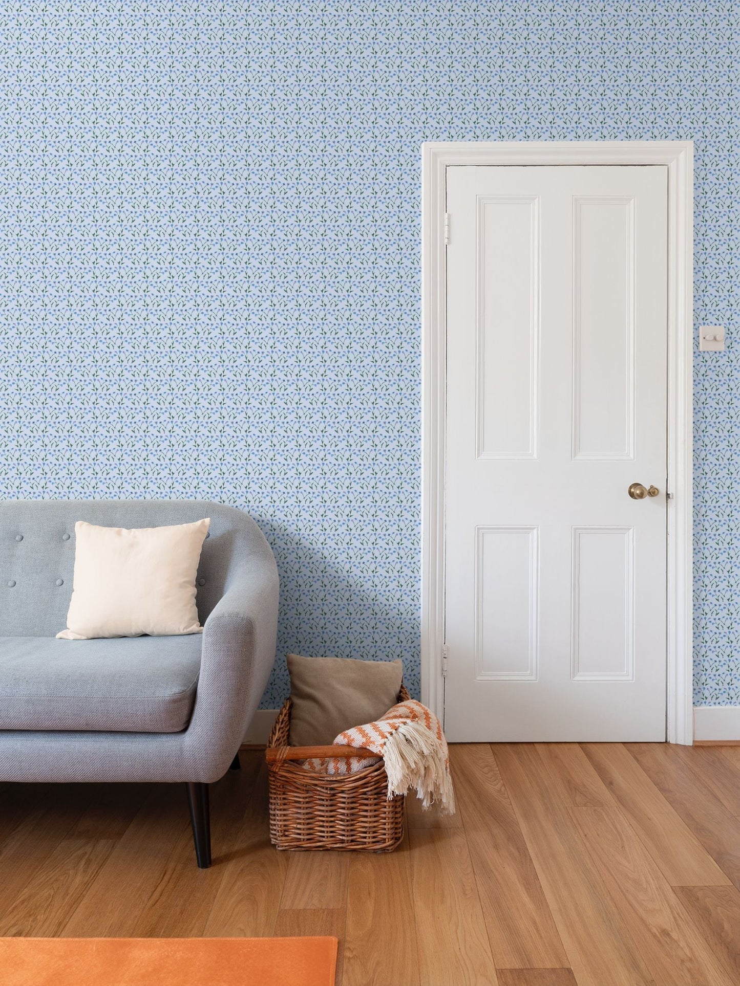 Genevieve Wallpaper Periwinkle Multi, blue floral repeat pattern wallcovering on Tampa Home & Garden Store