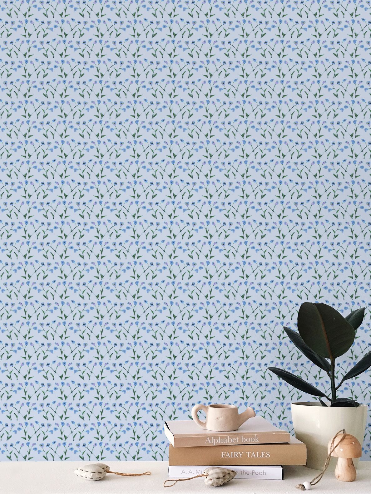 Genevieve Wallpaper Periwinkle, repeats blue flowers with green stems, Erin Donahue Tice on Tampa Home & Garden Store