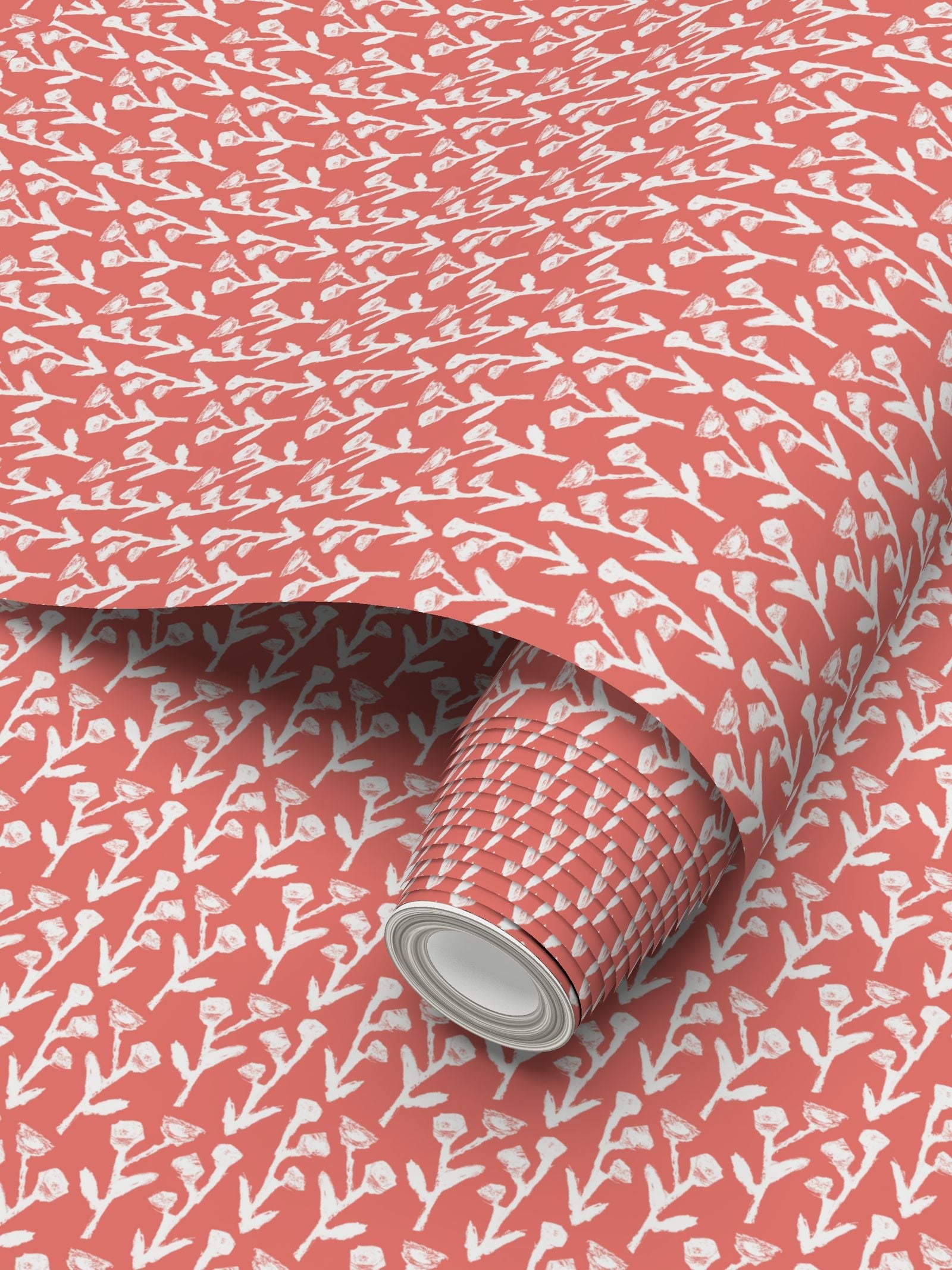 Ivy Manor Wallpaper coral repeat pattern with white brush leaves by Erin Donahue Tice on Tampa Home & Garden Store