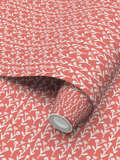 Ivy Manor Wallpaper coral repeat pattern with white brush leaves by Erin Donahue Tice on Tampa Home & Garden Store